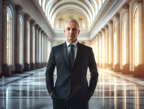 Confident businessman standing in grand hallway with arches, dressed in formal suit and looking determined photo