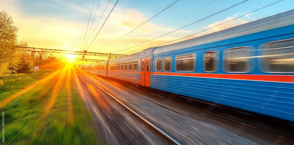 Naklejka premium Fast-Moving Train at Sunset: Long Exposure Photography. AI generated illustration
