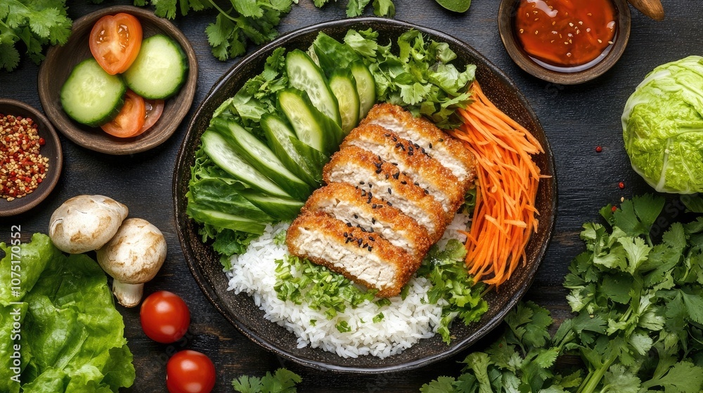 Deliciously Plated Crispy Chicken Cutlet with Fresh Vegetables, Rice, and Sauces on a Rustic Dark Table Surrounded by Colorful Ingredients Deliciously Plated Crispy Chicken Cutlet with Fresh Vegetables, Rice, and Sauces on a Rustic Dark Table Surrounded by Colorful Ingredients