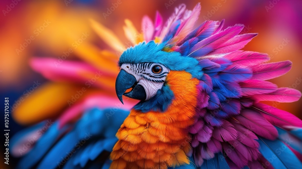 Obraz premium A brilliantly colored parrot displaying a bright array of blue, pink, and orange feathers against a blurred vivid background, showcasing nature's beauty and diversity.