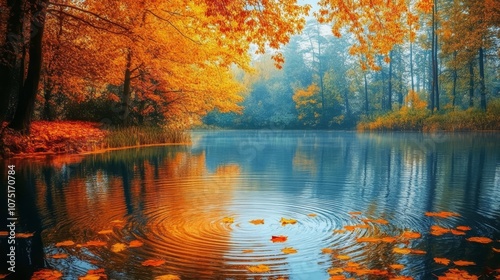 Tranquil autumn scene  forest pond with ripples and fallen leaves reflecting nature s beauty photo