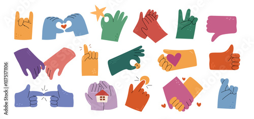 Non verbal language, hands gesture and symbols. Vector in flat style, isolated arms showing like and dislike, handshake and romantic walk. Donation and support, care and clasping or applauding