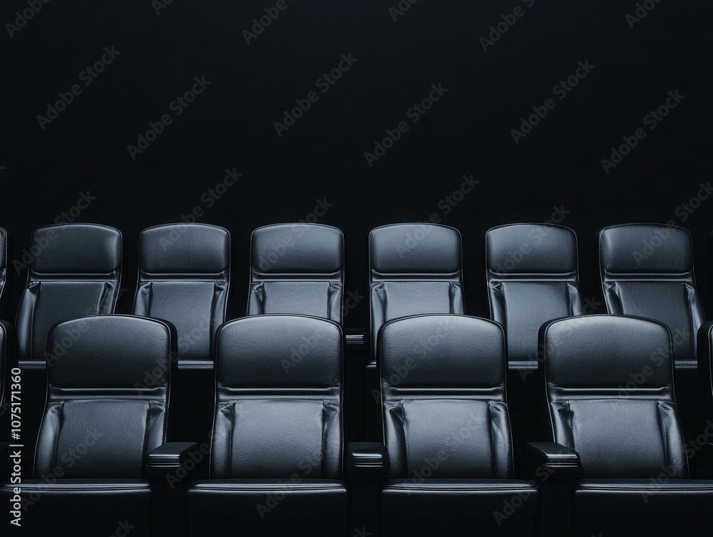 Obraz premium A row of sleek black theater seats against a dark backdrop, creating a minimalist and inviting atmosphere for an audience.