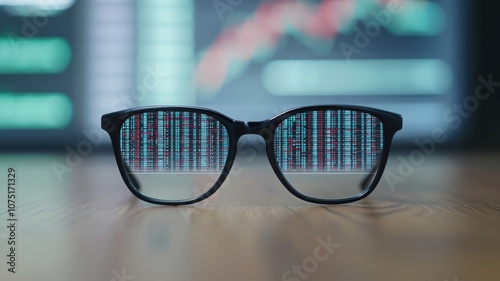 A pair of stylish glasses focuses on a vibrant data display, symbolizing clarity and insight in analytics and finance.