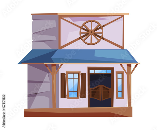 Saloon from wild west, isolated wooden building with typical Texas style architectural features. Vector cartoon, facade of construction with porch, daily life of cowboys in western america