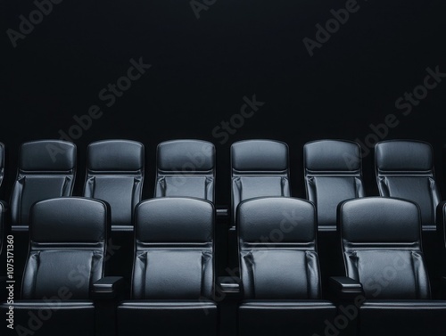 A row of sleek black theater seats against a dark backdrop, creating a minimalist and inviting atmosphere for an audience.