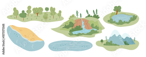 Landscape with mountains and forest, shore and beach with sand. Vector in flat style, isolated set of location or maps for tourism and traveling on vacation or holiday, forest and summit