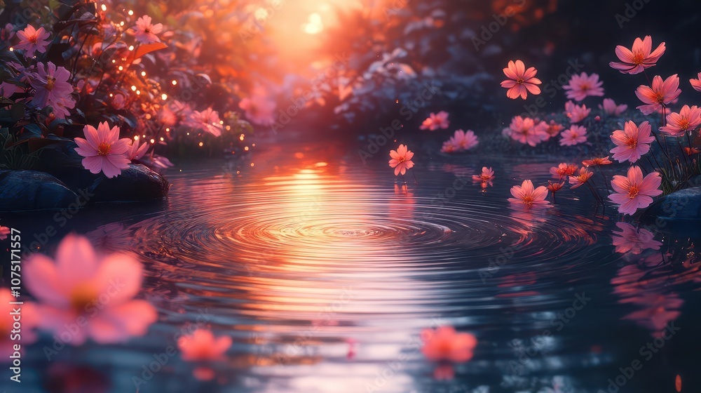 rippling water reflects a serene lake surrounded by vibrant flowers, with a smooth cylindrical countertop nearby. the gradient background enhances the tranquil atmosphere, inviting calm contemplation rippling water reflects a serene lake surrounded by vibrant flowers, with a smooth cylindrical countertop nearby. the gradient background enhances the tranquil atmosphere, inviting calm contemplation