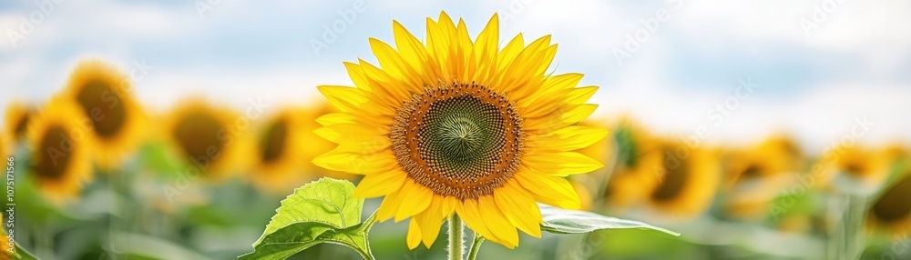 Fototapeta premium Vibrant sunflower blooming in a bright field under a clear sky.