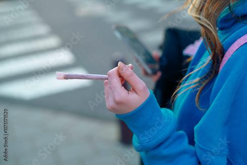 A close-up of a person's hand holding a cigarette or joint while using a smartphone, wearing a blue hoodie. photo