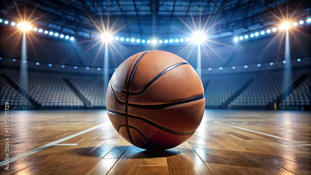 Basketball on Court with Spotlight in Arena Basketball on Court with Spotlight in Arena
