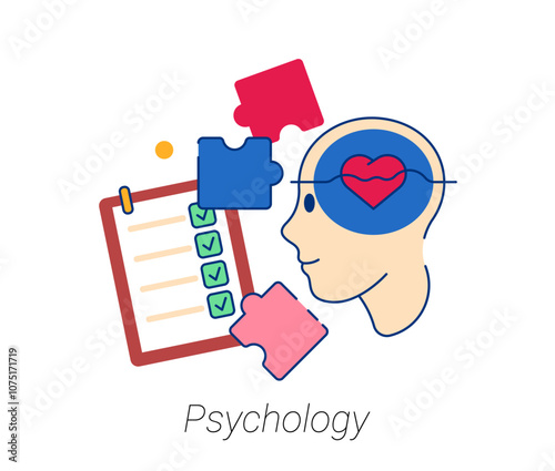 Psychology school discipline, subject in college or university. Vector isolated flat cartoon icon for students curriculum. Brain process and psychological tests for personality discovering