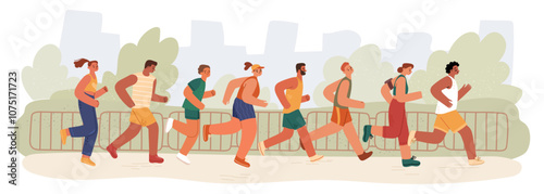 People jogging and running on marathon. Vector in flat style, group of athletes in city park preparing for competition. Working out personages wearing sports clothes, pushing their limits