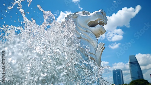 Merlion Statue with Freshwater Spouts Against Skyscrapers. AI generated illustration