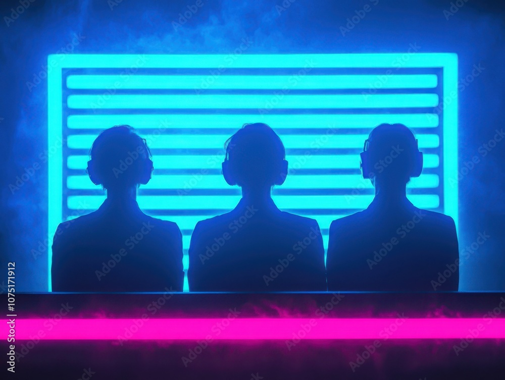 Silhouetted figures wearing headphones are set against a glowing blue backdrop with horizontal lines, illuminated by a pink glow. Silhouetted figures wearing headphones are set against a glowing blue backdrop with horizontal lines, illuminated by a pink glow.