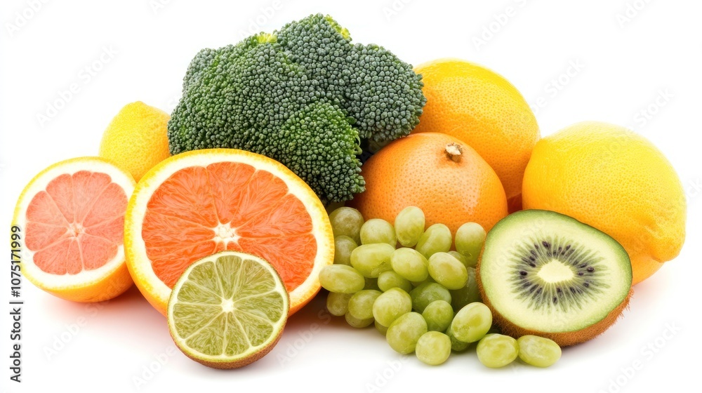 A variety of fresh fruits including kiwi, oranges, grapefruit, grapes, lemon, and a head of broccoli, arranged on a white background. A variety of fresh fruits including kiwi, oranges, grapefruit, grapes, lemon, and a head of broccoli, arranged on a white background.