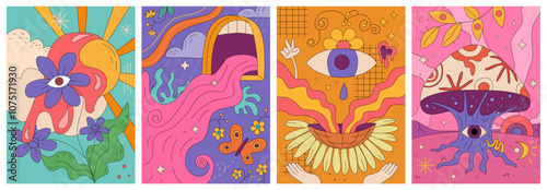 Trippy abstract flowers and natural elements and ornaments. Vector in flat style, psychedelic poster with floral decoration, mushroom with eyes and mouth with flow. Hippy and vintage drawings