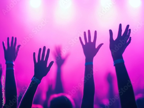 A vibrant concert scene with raised hands silhouetted against colorful stage lights, capturing the energy and excitement of a live performance.