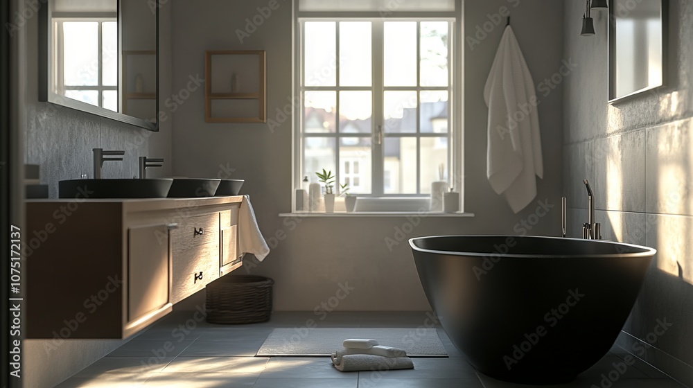 Scandinavian-Style Modern Bathroom Interior with Double Sink and Black Bathtub. AI generated illustration Scandinavian-Style Modern Bathroom Interior with Double Sink and Black Bathtub. AI generated illustration