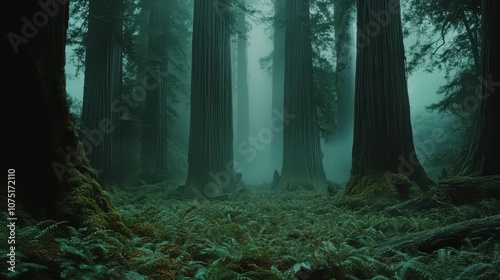 Majestic Redwood Forest in Coastal Fog: Towering Trees in Mist, Fern-Covered Floor, and Subtle Light Variations Captured with Large Format Precision. National Geographic Style.