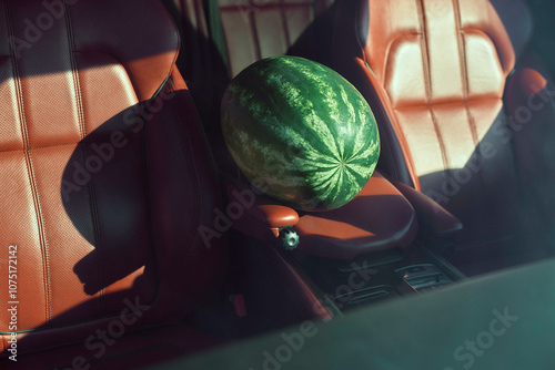 A watermelon fastened with a seatbelt on a car's leather passenger seat in sunlight, Morocco photo