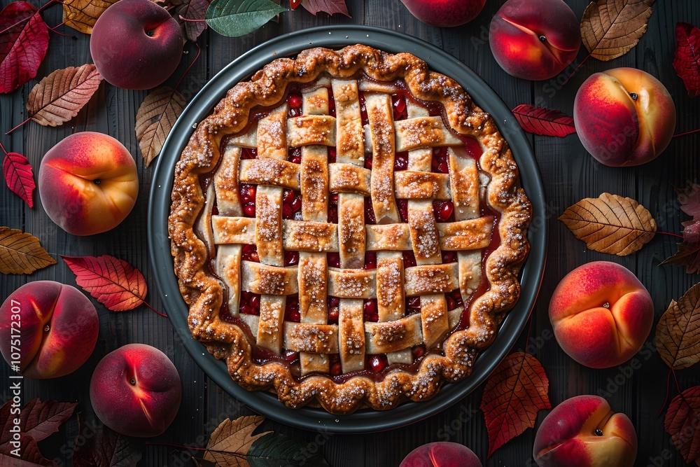 Autumn Peach Pie with Lattice Crust Surrounded by Fresh Fruit and Colorful Leaves for Seasonal Designs Autumn Peach Pie with Lattice Crust Surrounded by Fresh Fruit and Colorful Leaves for Seasonal Designs