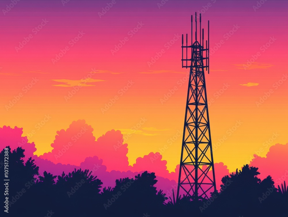 Silhouette of a telecom tower against a vibrant sunset sky. Silhouette of a telecom tower against a vibrant sunset sky.