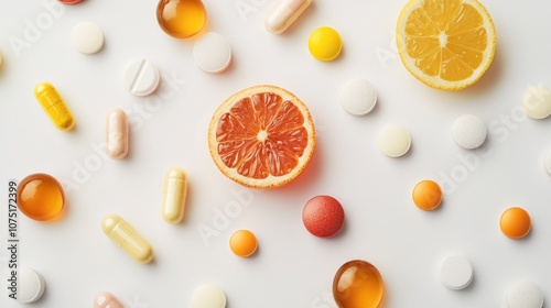 A variety of colorful pills and capsules spread around a sliced orange on a white background, depicting a theme of health and nutrition supplements.