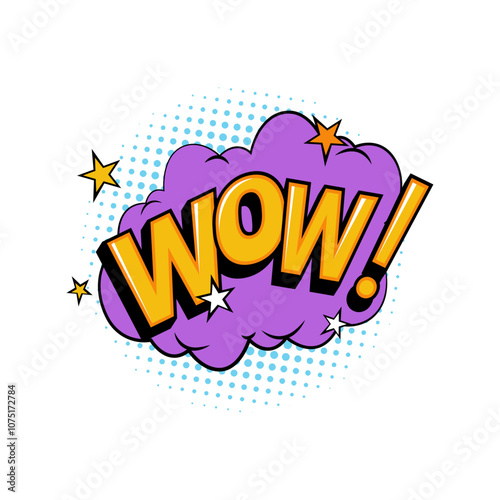 Comic books sound effect, isolated icon with speech word expression. Vector wow, expression of surprise, astonishment and admiration. Thought bubble or cloud with text, stars and dots in pop art
