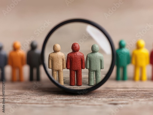 A magnifying glass focuses on three wooden figures, highlighting their vibrant colors against a blurred background of more figures.