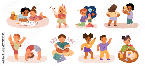 Creative kids, active children with hobbies. Vector in flat style, isolated set of characters dancing and drawing, learning how to read, stretching and doing gymnastics, singing and taking photos