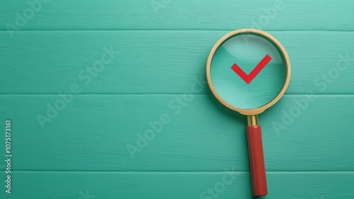 A magnifying glass with a red checkmark is placed on a teal background, symbolizing verification or approval. photo