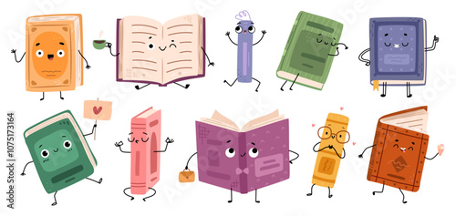 Book characters with facial expression of joy and happiness, relax and curiosity. Vector in flat style, isolated set of covers with hands and legs, facial emotions. Greeting and waving, winking
