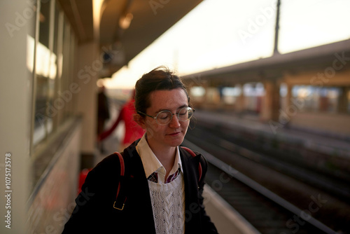 Young woman waiting on a train platform during golden hour, with train tracks and an implied sunset in the background. photo