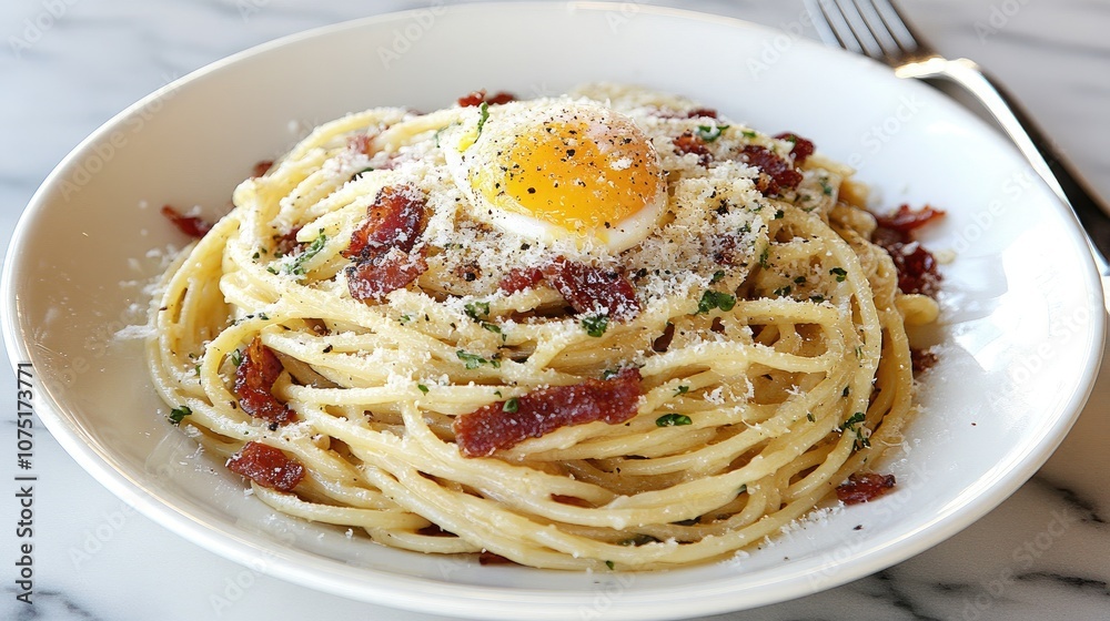 Creamy Spaghetti Carbonara with Crispy Bacon, Fresh Parsley, and a Soft Egg Yolk Served on a White Plate on a Marble Background Creamy Spaghetti Carbonara with Crispy Bacon, Fresh Parsley, and a Soft Egg Yolk Served on a White Plate on a Marble Background