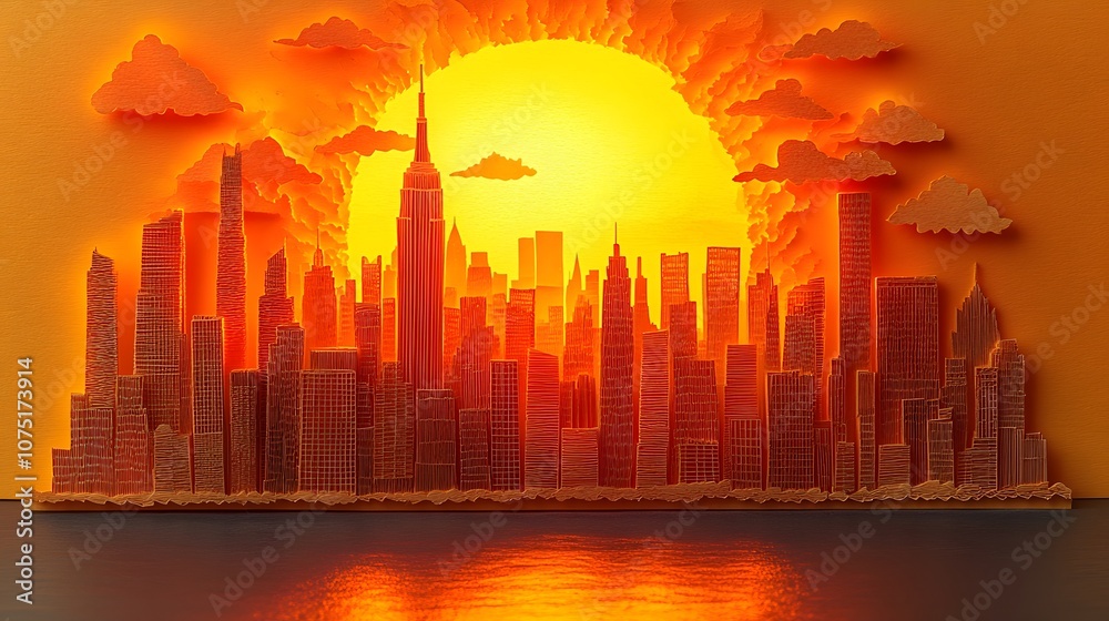 Obraz premium Papercut illustration of a cityscape at night, where buildings have their lights off, highlighting the importance of energy conservation during Earth Hour