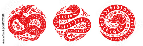 2025 Chinese New Year Zodiac sign, year of the Snake, little dragon, flowers and snakes, paper cut. Red CNY greeting card, craft style. China calligraphy vector flat style illustration