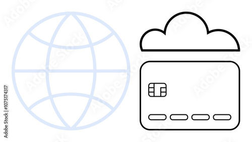 Globe representing global access and a cloud with a credit card symbolizing cloud storage and online payments. Ideal for finance, technology, security, e-commerce, digital services, globalization