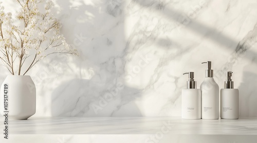 Minimalist Product Display on White Marble Countertop. AI generated illustration