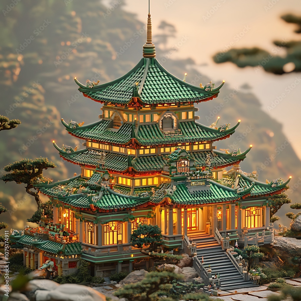 Fototapeta premium Illuminated Pagoda in the Hills at Dusk.
