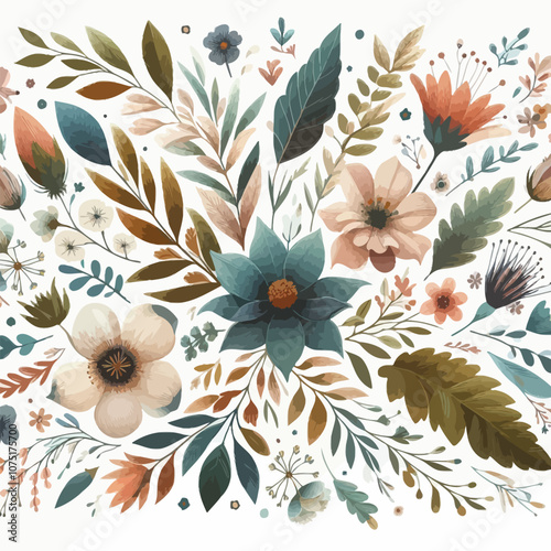 Whimsical boho floral pattern of botanical flowers, leaves, and small succulents. 
