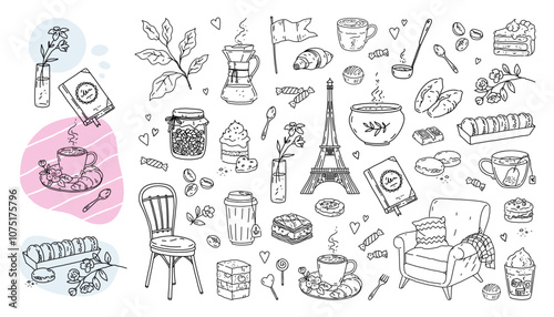 Handwriting cafe. Dinner icons. Coffee cup. Flower and cake designs in fall fashion style. Spring gift book. Paris macaroon. Cozy armchair with pillow. Hand drawn elements vector set