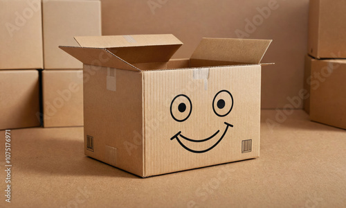A cardboard box with a drawn-on smiley face is open and sitting on a brown floor, surrounded by other boxes