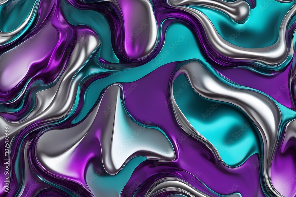 Obraz premium Fluid liquid metal shapes in vibrant futuristic colors such as teal purple and silver, Ai Generated