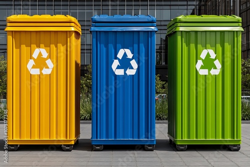 Colorful Recycling Bins in Urban Setting for Waste Management Awareness photo