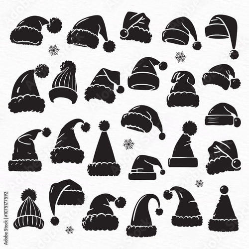 black and white collection of christmas hat silhouettes with various designs, including pom-poms and snowflakes