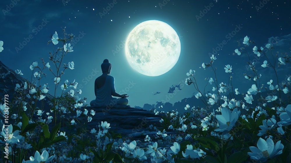 Buddha Meditating Under a Full Moon Buddha Meditating Under a Full Moon