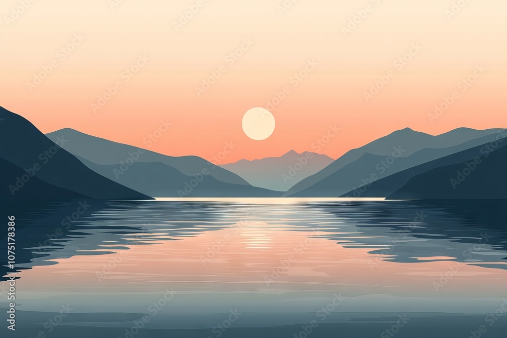 Serene sunset over the sea with mountains, a minimalist flat vector illustration. AI generated illustration Serene sunset over the sea with mountains, a minimalist flat vector illustration. AI generated illustration