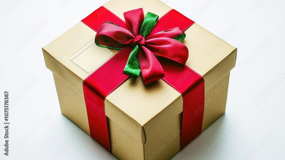 Fototapeta premium A beautifully wrapped gift box with a red ribbon and green bow, symbolizing celebration.