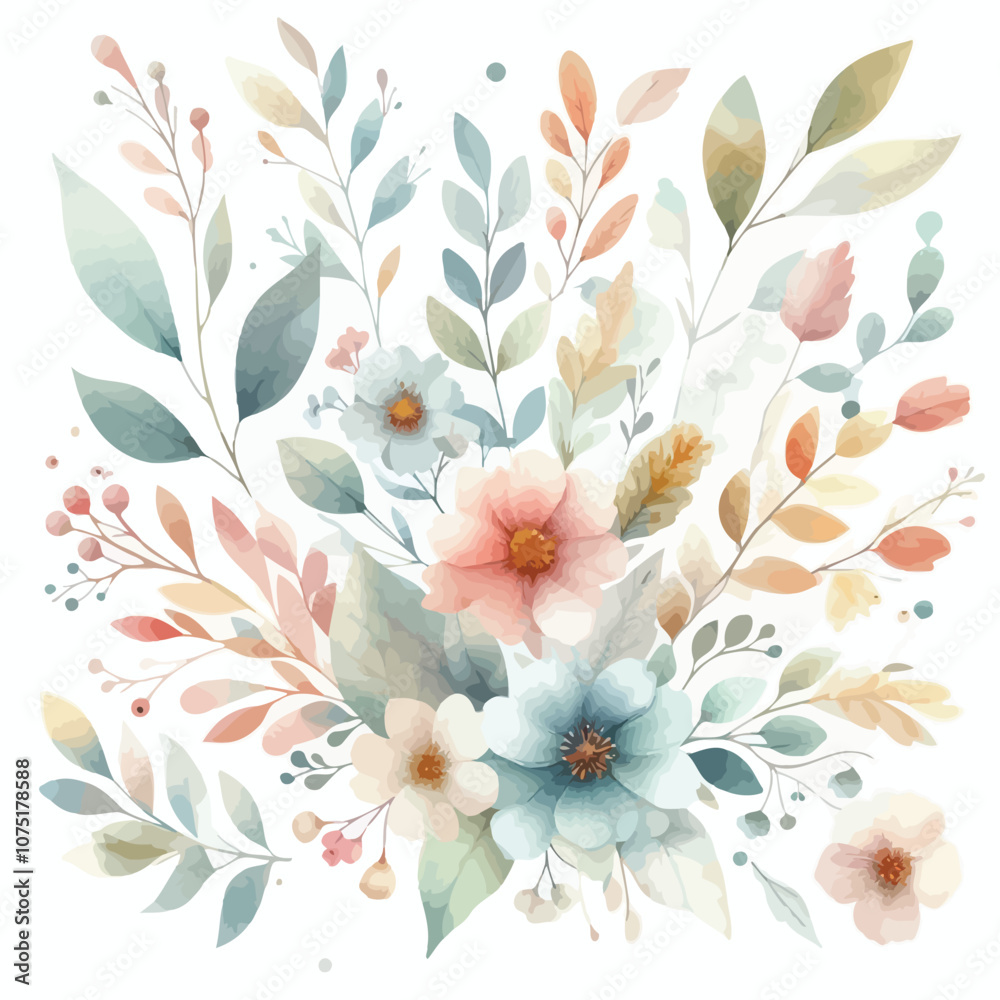 custom made wallpaper toronto digitalWhimsical watercolor floral with leaves and soft pastel blooms in a boho aesthetic.